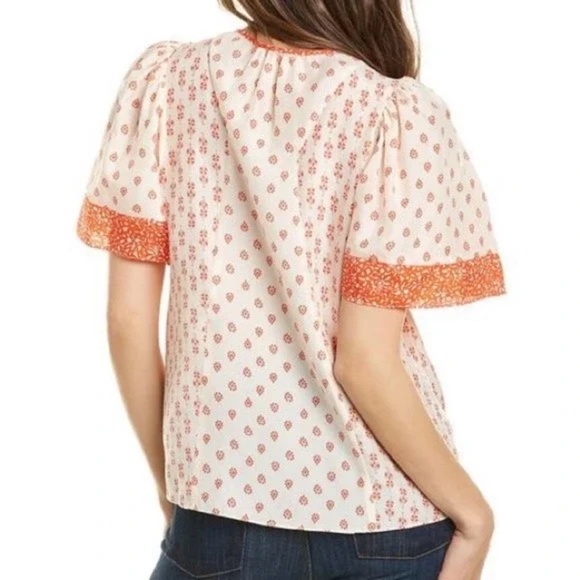 ✨NWT✨ REBECCA TAYLOR Silk Top Lily Block Print Blouse in Tomato Sz US 2 (XS) - Picture 8 of 12